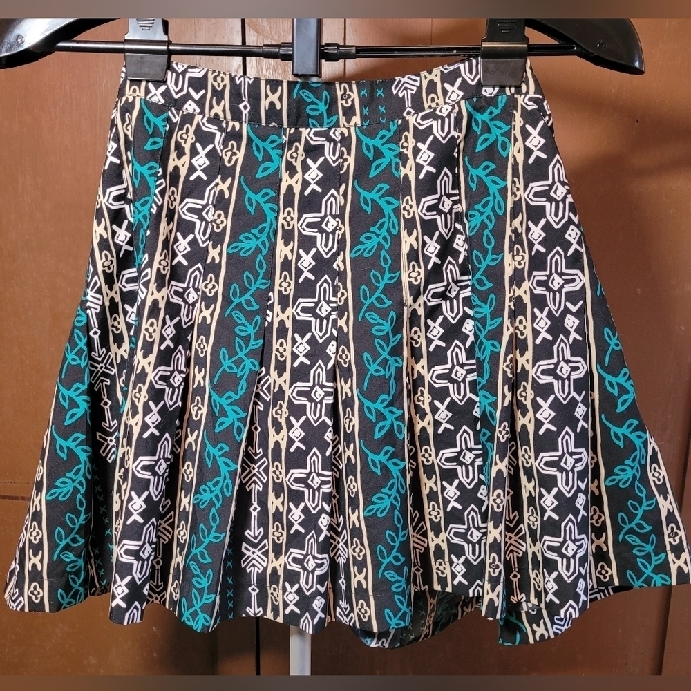 Pebble Beach Pleated Mini Skirt Black W/ Turquoise Blue &Beige Sz 12 Golf Tennis